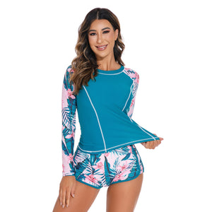 Long Sleeved Swimwear, Beach Round Neck Pullover, Boxer Shorts, Split Surfing Swimsuit, Sun Protection, Surfing Suit